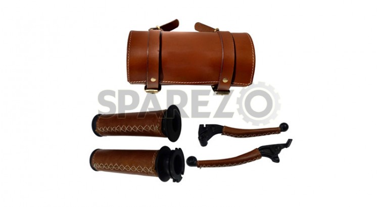 Royal Enfield Classic 500cc Leather Grip and Lever With Tool bag Tan Brown - SPAREZO